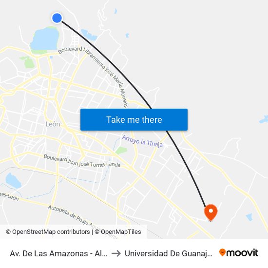 Av. De Las Amazonas - Alameda De La Presa to Universidad De Guanajuato Campus León map