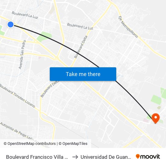 Boulevard Francisco Villa 105 -  El Mirador Oriental to Universidad De Guanajuato Campus León map