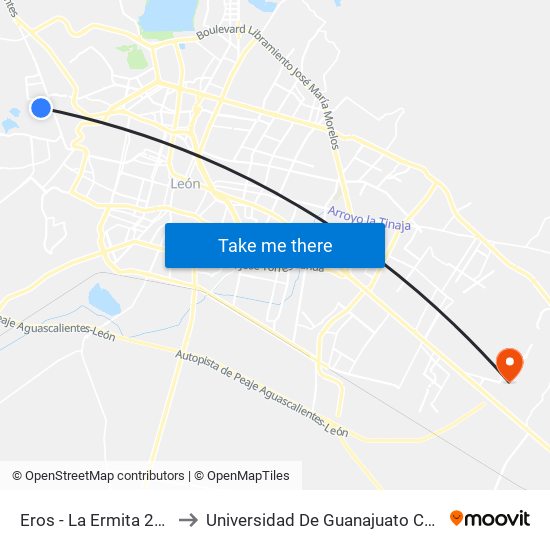 Eros -  La Ermita 2da Secc. to Universidad De Guanajuato Campus León map