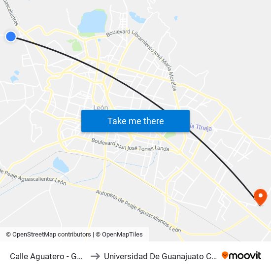 Calle Aguatero -  Guanajuato to Universidad De Guanajuato Campus León map