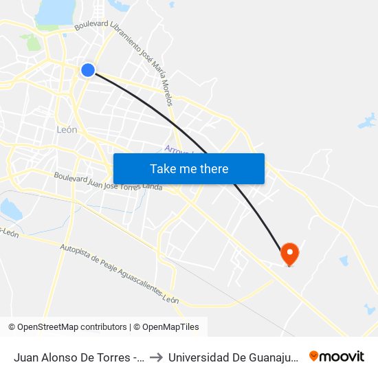 Juan Alonso De Torres -  San Jerónimo II to Universidad De Guanajuato Campus León map