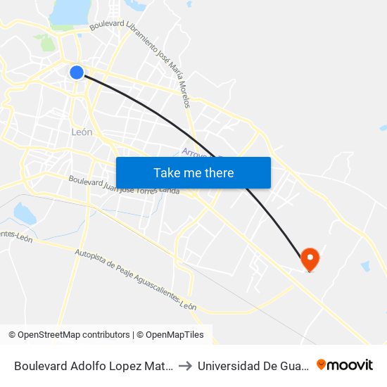 Boulevard Adolfo Lopez Mateos Oriente - Villas Del Juncal to Universidad De Guanajuato Campus León map