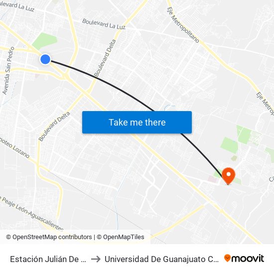 Estación Julián De Obregón to Universidad De Guanajuato Campus León map