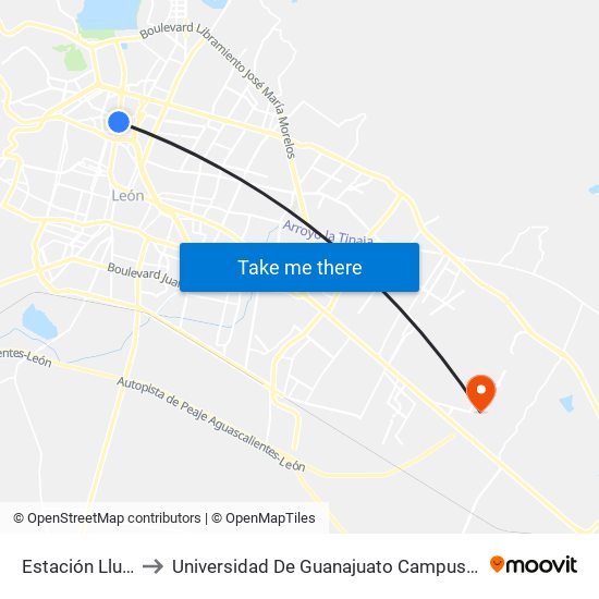 Estación Lluvia to Universidad De Guanajuato Campus León map