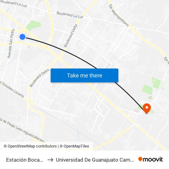 Estación Bocanegra to Universidad De Guanajuato Campus León map