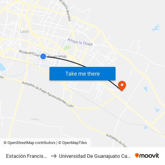 Estación Francisco Villa to Universidad De Guanajuato Campus León map