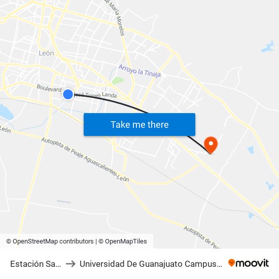 Estación Sapal to Universidad De Guanajuato Campus León map