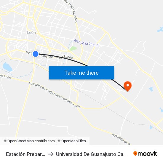 Estación Preparatoria to Universidad De Guanajuato Campus León map