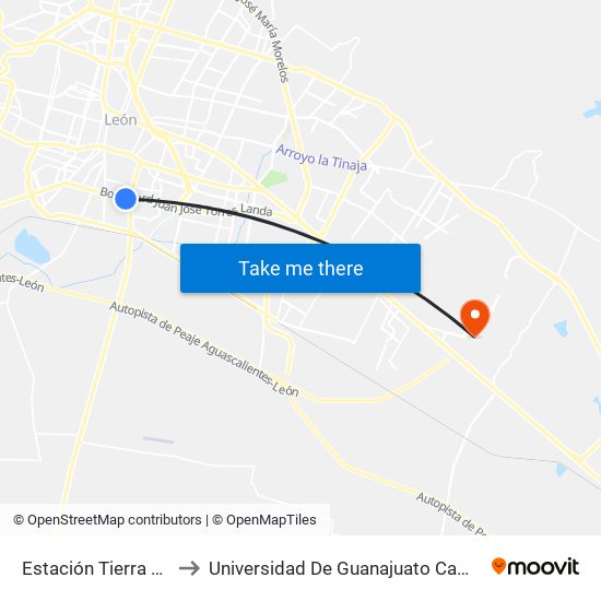 Estación Tierra Blanca to Universidad De Guanajuato Campus León map