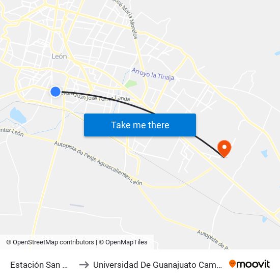 Estación San Miguel to Universidad De Guanajuato Campus León map