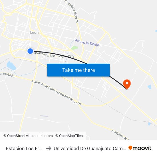 Estación Los Fresnos to Universidad De Guanajuato Campus León map