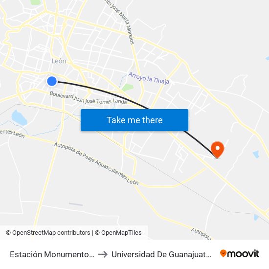 Estación Monumento A La Madre to Universidad De Guanajuato Campus León map