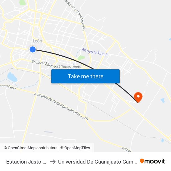 Estación Justo Sierra to Universidad De Guanajuato Campus León map