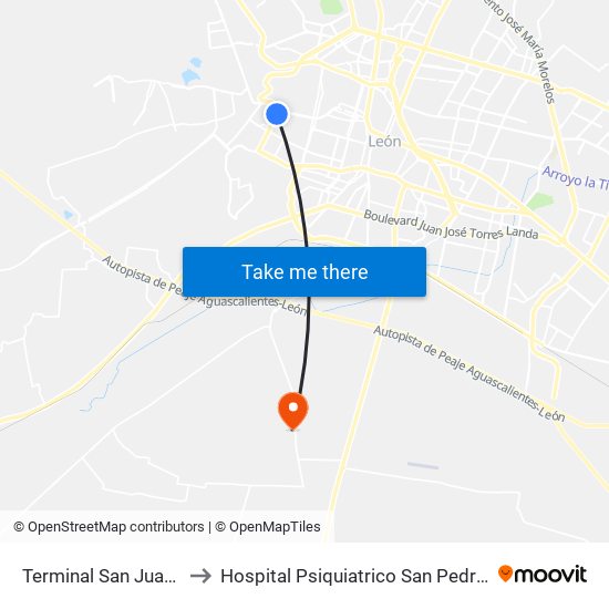 Terminal San Juan Bosco to Hospital Psiquiatrico San Pedro del Monte map