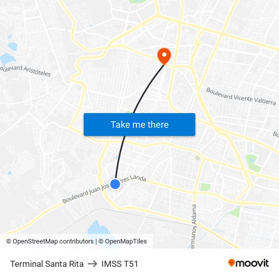 Terminal Santa Rita to IMSS T51 map