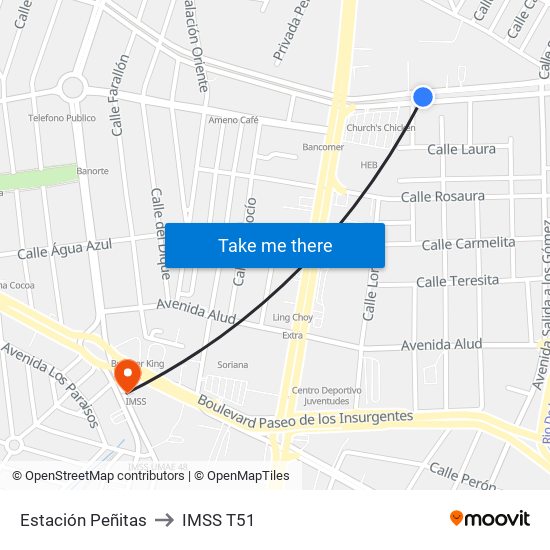 Estación Peñitas to IMSS T51 map