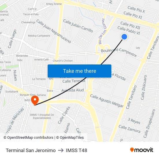 Terminal San Jeronimo to IMSS T48 map