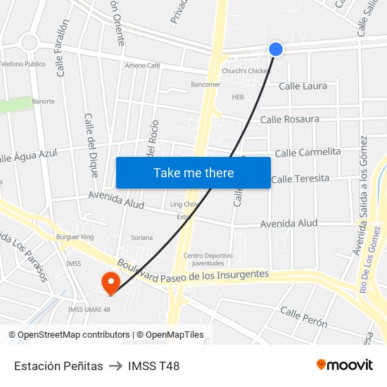 Estación Peñitas to IMSS T48 map