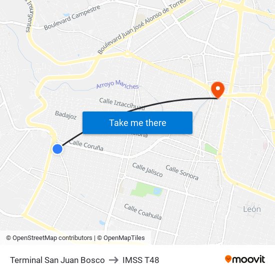 Terminal San Juan Bosco to IMSS T48 map