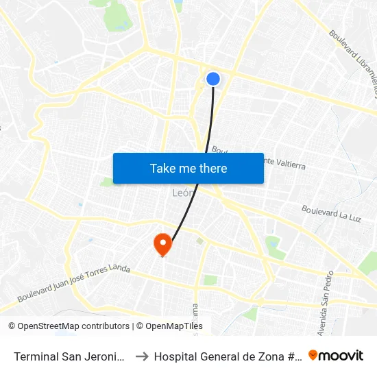 Terminal San Jeronimo to Hospital General de Zona #21 map