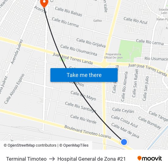 Terminal Timoteo to Hospital General de Zona #21 map