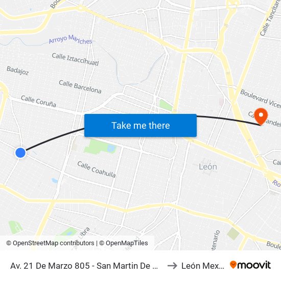 Av. 21 De Marzo 805 - San Martin De Porres to León Mexico map