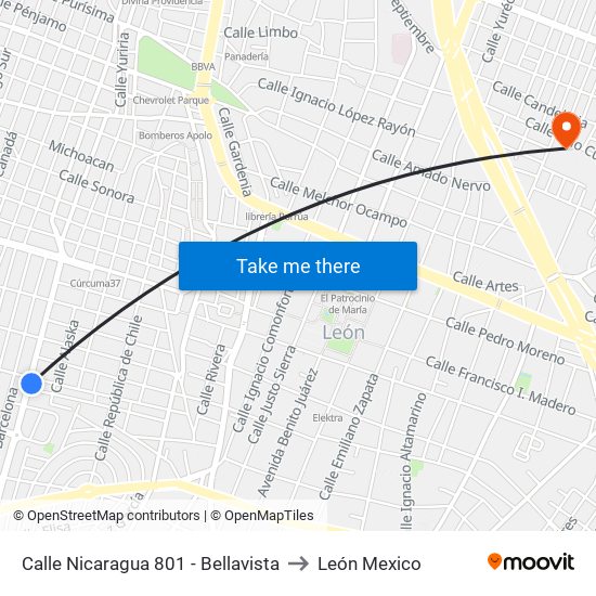 Calle Nicaragua 801 - Bellavista to León Mexico map