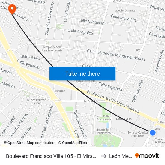 Boulevard Francisco Villa 105 -  El Mirador Oriental to León Mexico map