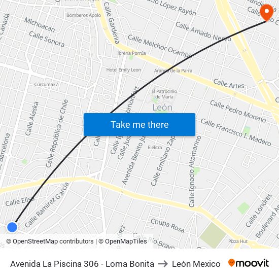 Avenida La Piscina 306 -  Loma Bonita to León Mexico map
