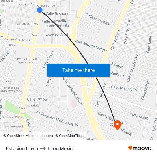 Estación Lluvia to León Mexico map