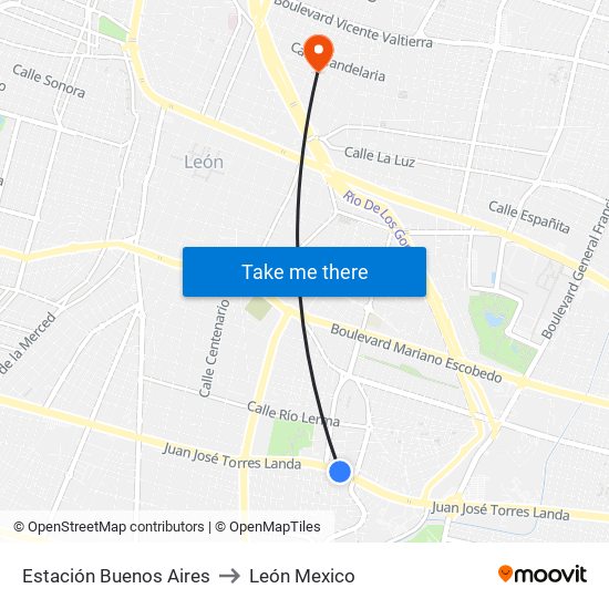 Estación Buenos Aires to León Mexico map