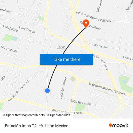 Estación Imss T2 to León Mexico map