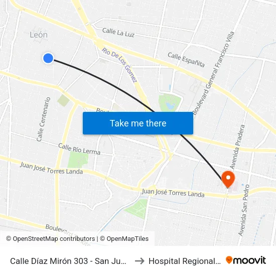 Calle Díaz Mirón 303 - San Juan De Dios to Hospital Regional Issste map