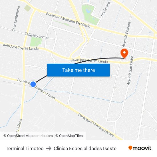 Terminal Timoteo to Clinica Especialidades Issste map