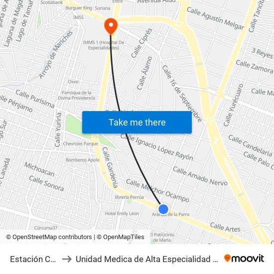 Estación Centro Histórico to Unidad Medica de Alta Especialidad No. 1 Centro Medico Nacional Bajio IMSS map