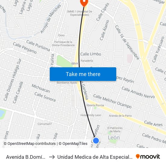 Avenida B.Domínguez Poniente A -  Centro to Unidad Medica de Alta Especialidad No. 1 Centro Medico Nacional Bajio IMSS map