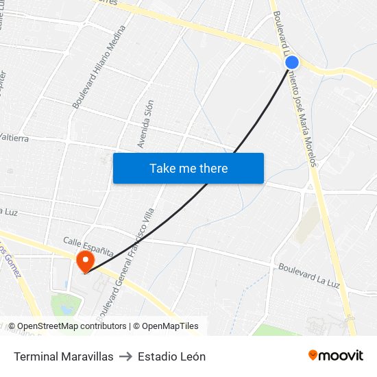 Terminal Maravillas to Estadio León map