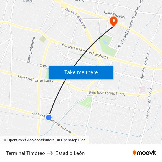 Terminal Timoteo to Estadio León map