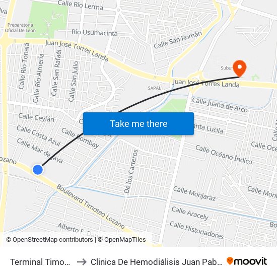 Terminal Timoteo to Clinica De Hemodiálisis Juan Pablo II map