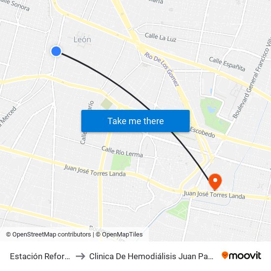 Estación Reforma to Clinica De Hemodiálisis Juan Pablo II map