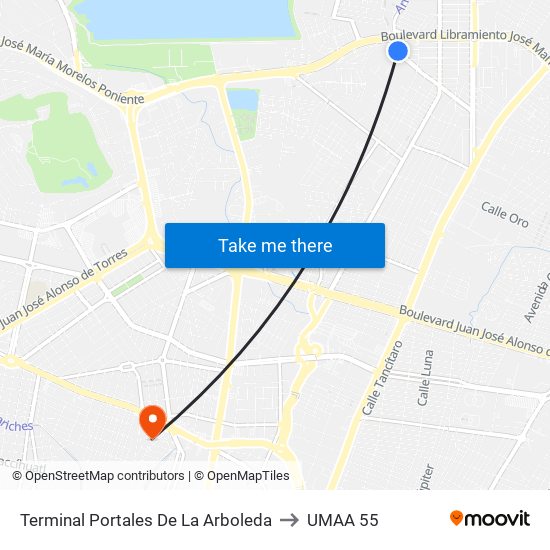 Terminal Portales De La Arboleda to UMAA 55 map