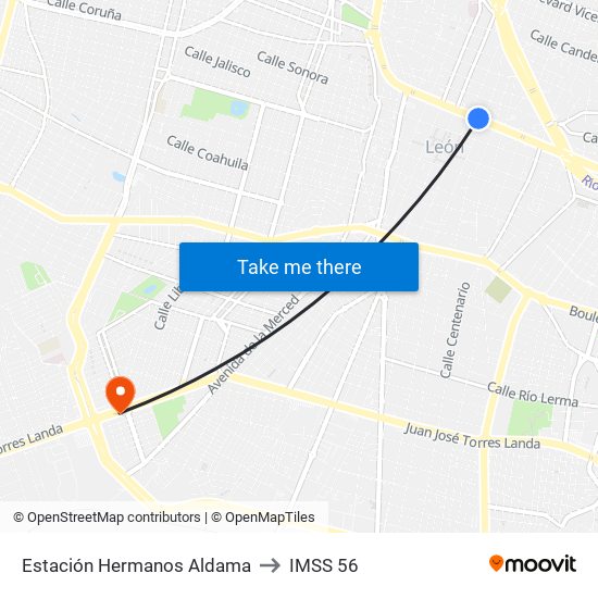 Estación Hermanos Aldama to IMSS 56 map