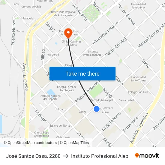 José Santos Ossa, 2280 to Instituto Profesional Aiep map