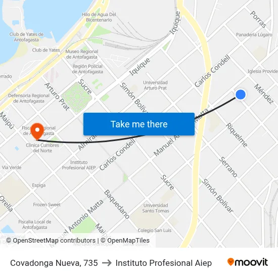 Covadonga Nueva, 735 to Instituto Profesional Aiep map