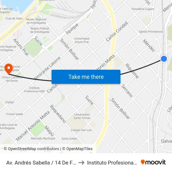 Av. Andrés Sabella / 14 De Febrero to Instituto Profesional Aiep map