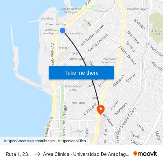 Ruta 1, 2376 to Área Clínica - Universidad De Antofagasta map