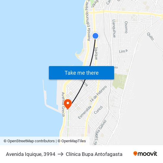 Avenida Iquique, 3994 to Clínica Bupa Antofagasta map