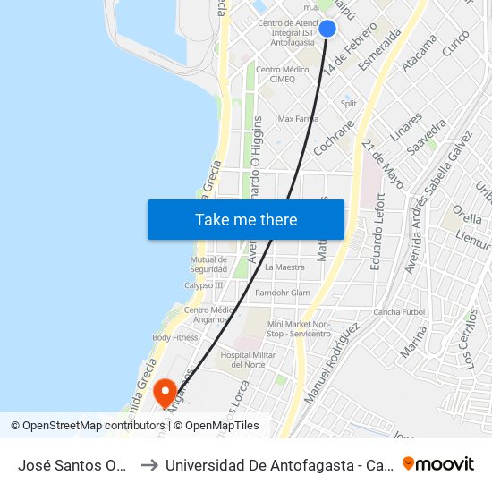 José Santos Ossa, 2280 to Universidad De Antofagasta - Campus Angamos map