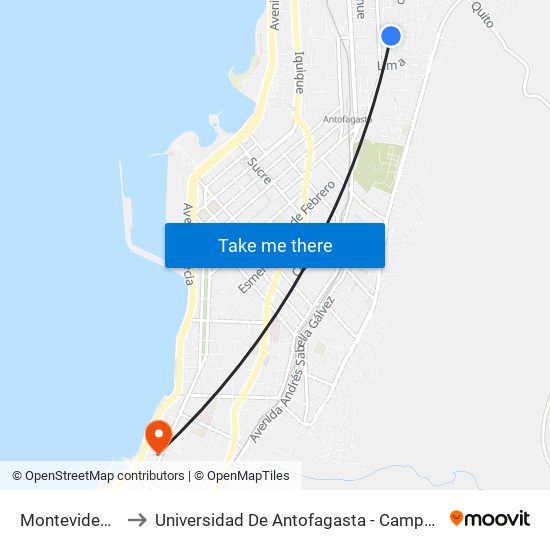 Montevideo, 898 to Universidad De Antofagasta - Campus Angamos map