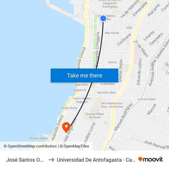 José Santos Ossa, 1994 to Universidad De Antofagasta - Campus Angamos map